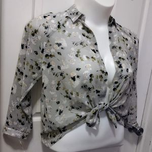Cabi Tops Womens Gray Floral 3/4 Sleeve Casual Chiffon Button-Up Shirt Sz M